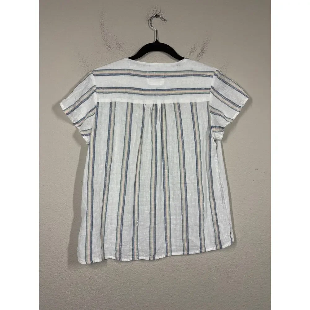 Rails XS Rylan Stripe Viera Top Blouse White Linen Rayon Metallic Cap Sleeves